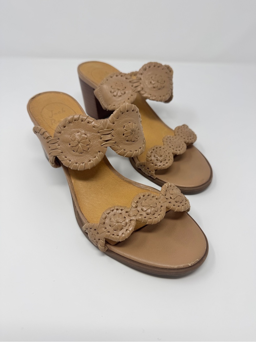 Jack Rogers Tan Scalloped Leather Slide Heels